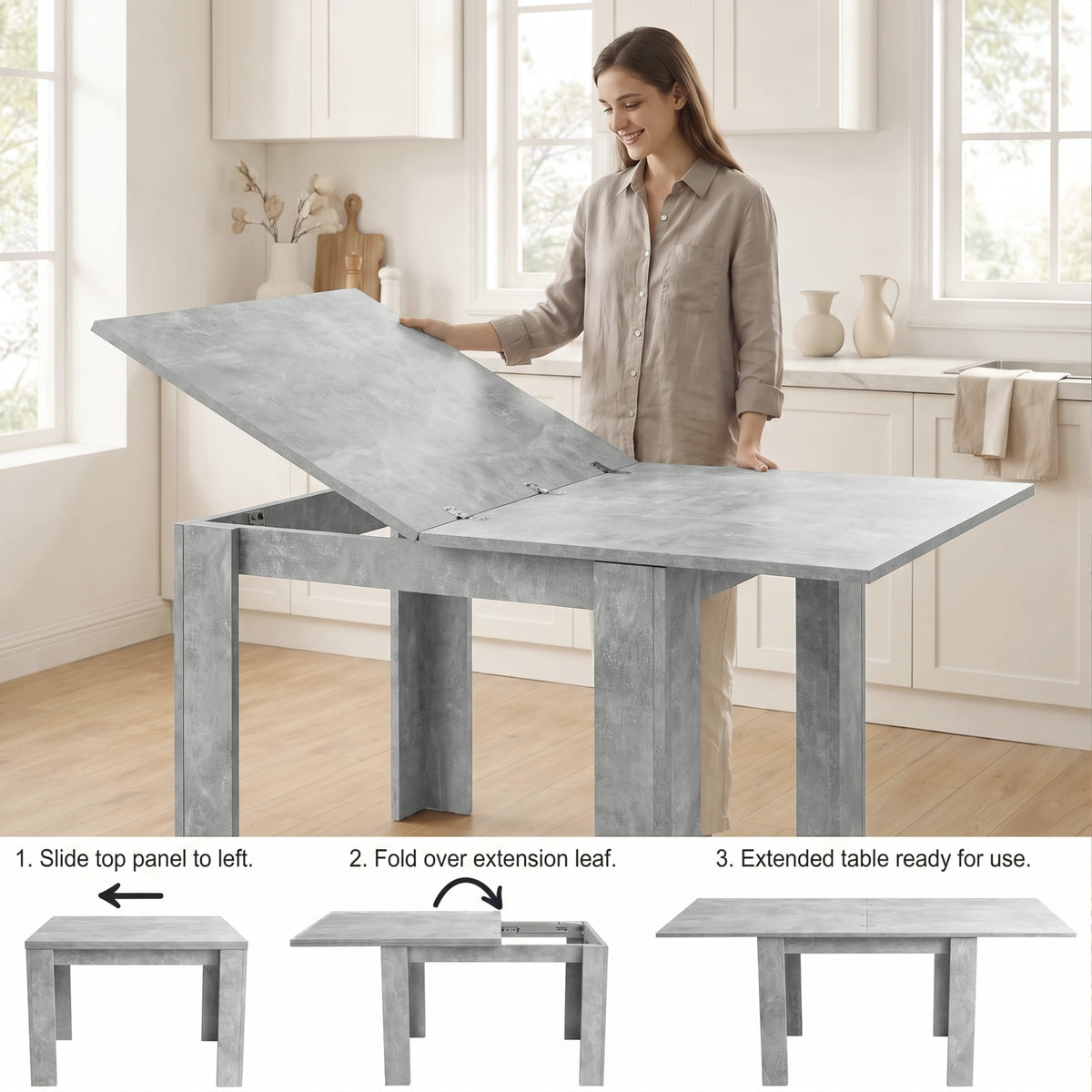 [Concrete] Woman extending the flip-top dining table through three labelled steps from closed to fully extended