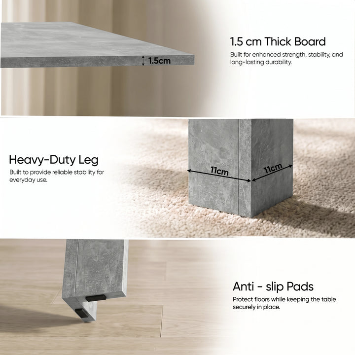 [Concrete] Detail guide showing a 1.5cm tabletop, 11cm legs and anti-slip footpads