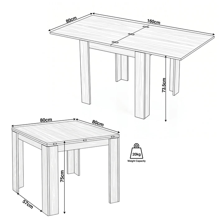 [Concrete] Flip-top table size guide showing closed and extended dimensions, clearance and 20kg capacity
