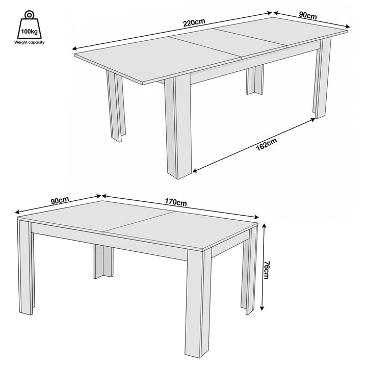 [Concrete] Dimension diagrams show the table at 170 and 220 cm long, 90 cm deep, 76 cm high, and with a capacity of 100 kg.
