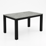 [140cm | Concrete] Closed table on white background with stone-effect top, black square legs, and centre support