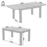 [140cm | Concrete] Extendable table size guide showing 140-180 x 90 x 76cm, 73cm clearance, 123cm leg gap and 100kg capacity.