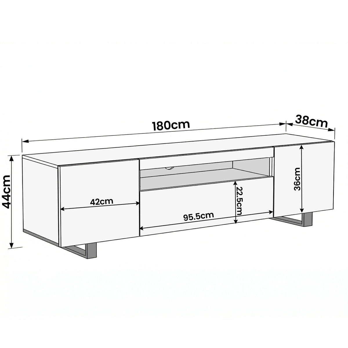[Concrete] Kystra TV stand dimensions 180cm wide 38cm deep 44cm tall with 95.5cm centre opening