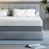 [White | 15cm] Cool gel memory foam mattress on grey fabric bed frame with Blisswood branding on side panel