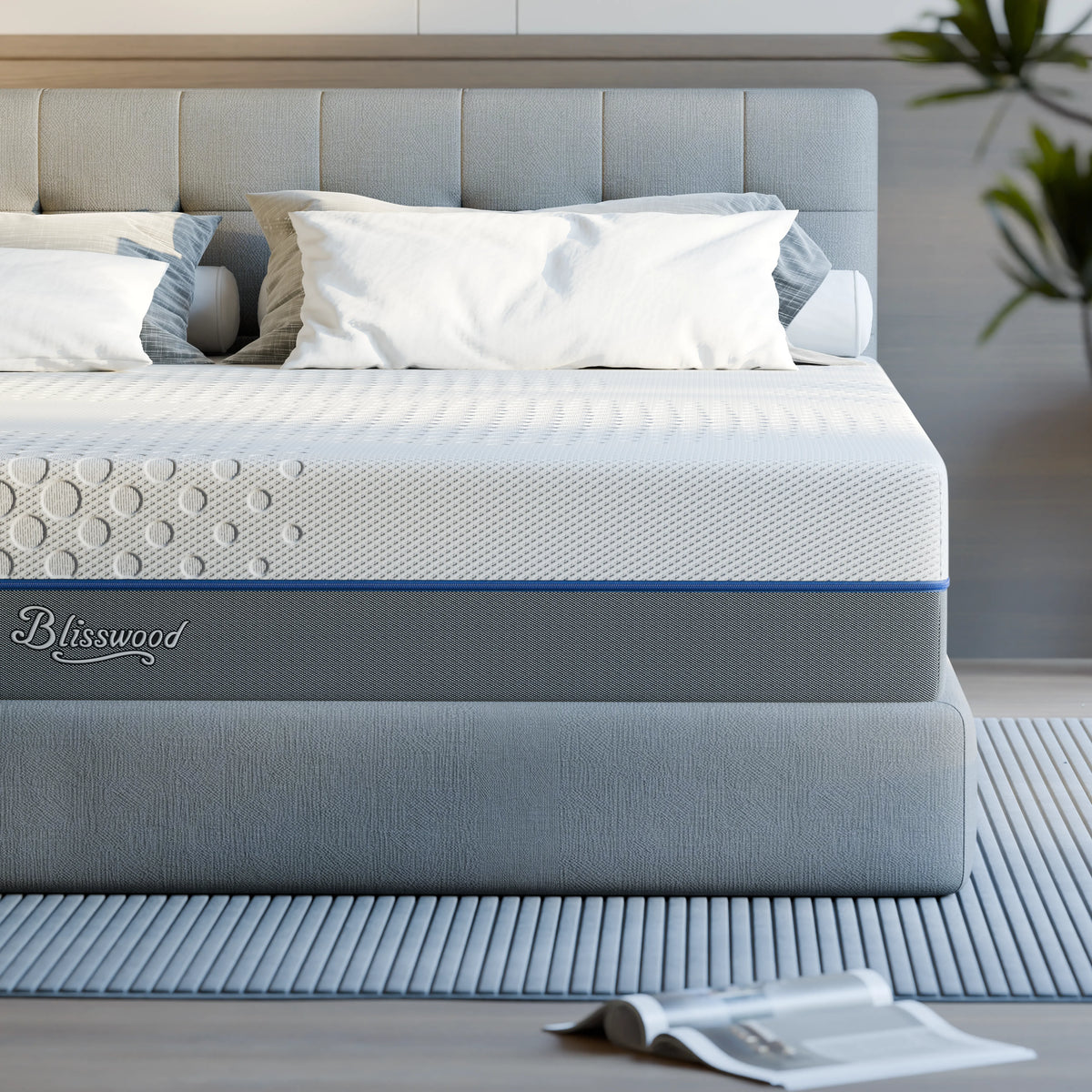 [White | 20cm] Cool gel memory foam mattress dressed on grey upholstered bed with white pillows and book on floor