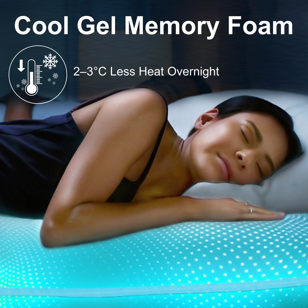 [White | 20cm] Side-sleeping woman on cool gel memory foam mattress under heading on 2-3C reduced overnight heat