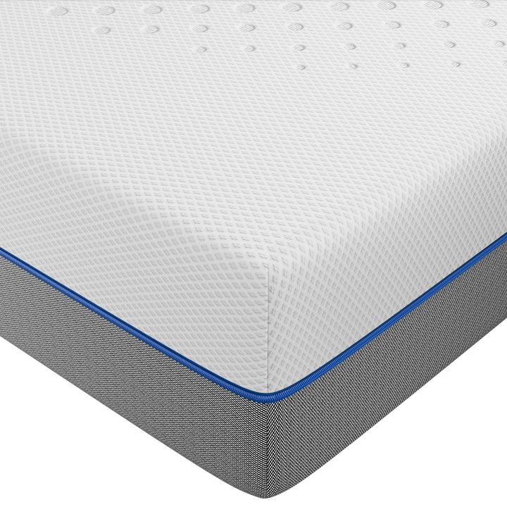 [White | 18cm] Cool gel memory foam mattress profile, white knit cover meeting grey base at blue piping