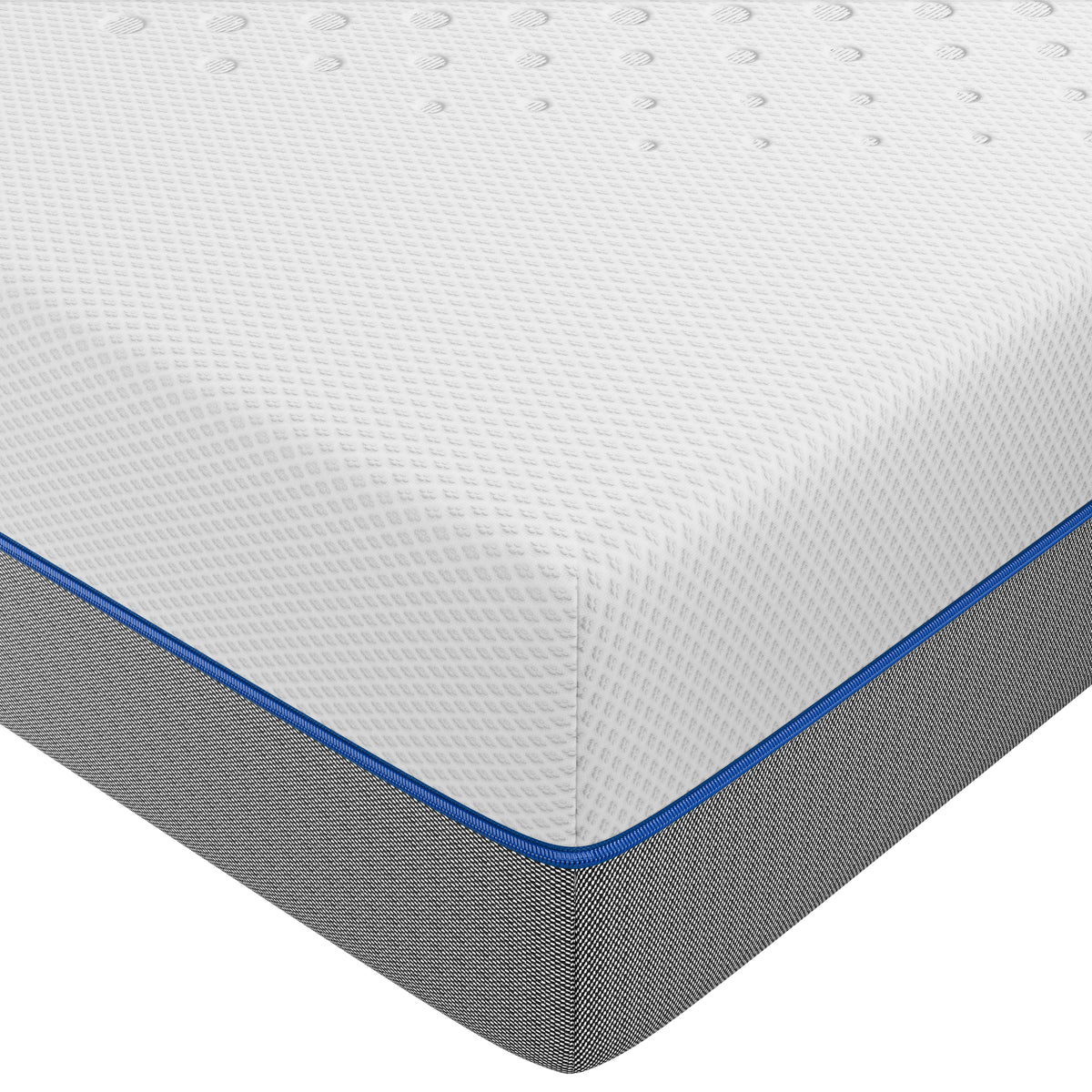[White | 20cm] Cool gel memory foam mattress corner: white diamond-quilted knit top, blue piping, grey woven base