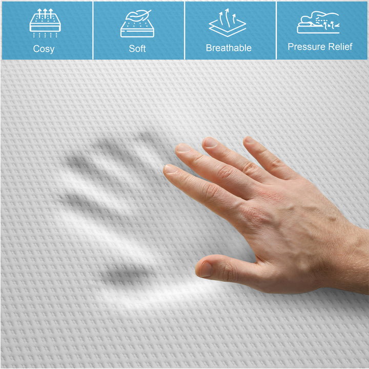 [White | 18cm] Hand pressed into cool gel memory foam mattress leaves indent in white knit cover surface