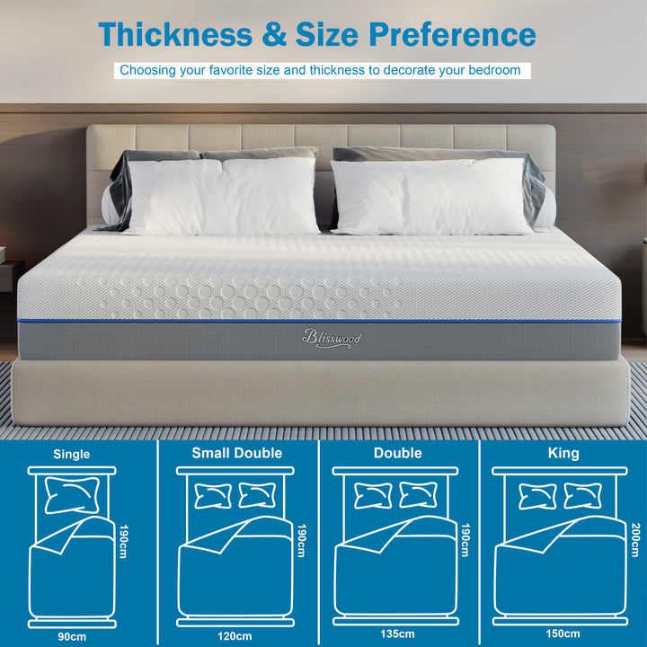 [White | 15cm] Cool gel memory foam mattress with size chart Single 90, Small Double 120, Double 135, King 150cm