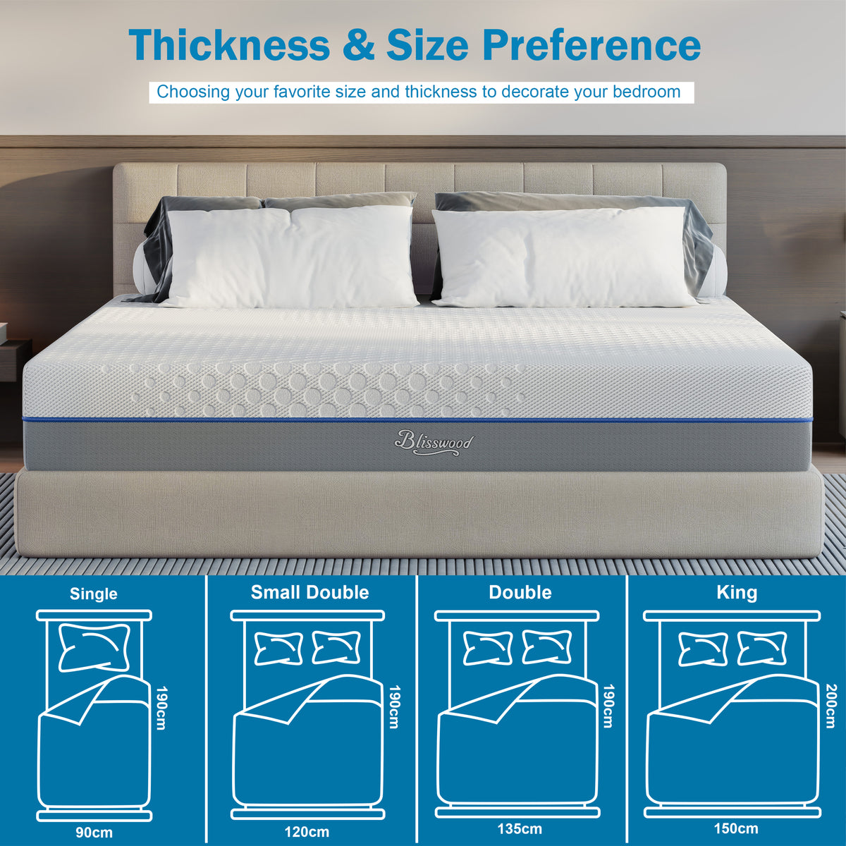[White | 18cm] Cool gel memory foam mattress with size chart Single 90, Small Double 120, Double 135, King 150cm
