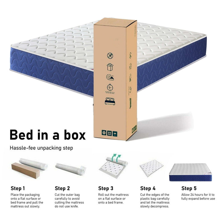 [White | Double] Sprung mattress bed-in-a-box display, vacuum-pack box upright, cut and unroll step graphics.