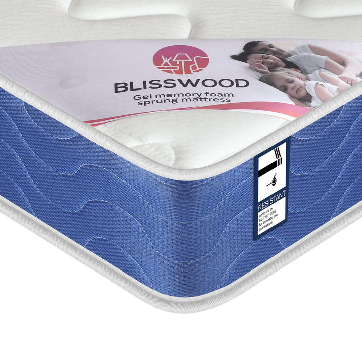 [White | Single] Sprung mattress corner with white quilted top, blue chevron side panel and pink Blisswood label.