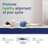 [White | Single] Sprung mattress spine-alignment panel, side-lying figure on white, medium firmness selected.