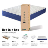 [White | Small Double] Sprung mattress rolled beside tall brown delivery box, five numbered unwrap-step icons.