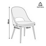 [Cream | Set of 2] Comfy dining chair size guide showing 86cm high, 50cm wide, 56.5cm deep dimensions & 120kg load capacity.