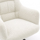 [Cream | Set of 4] Swivel dining chair close-up view of boucle fabric seat, rounded arm and stitched multi-panel padded back.