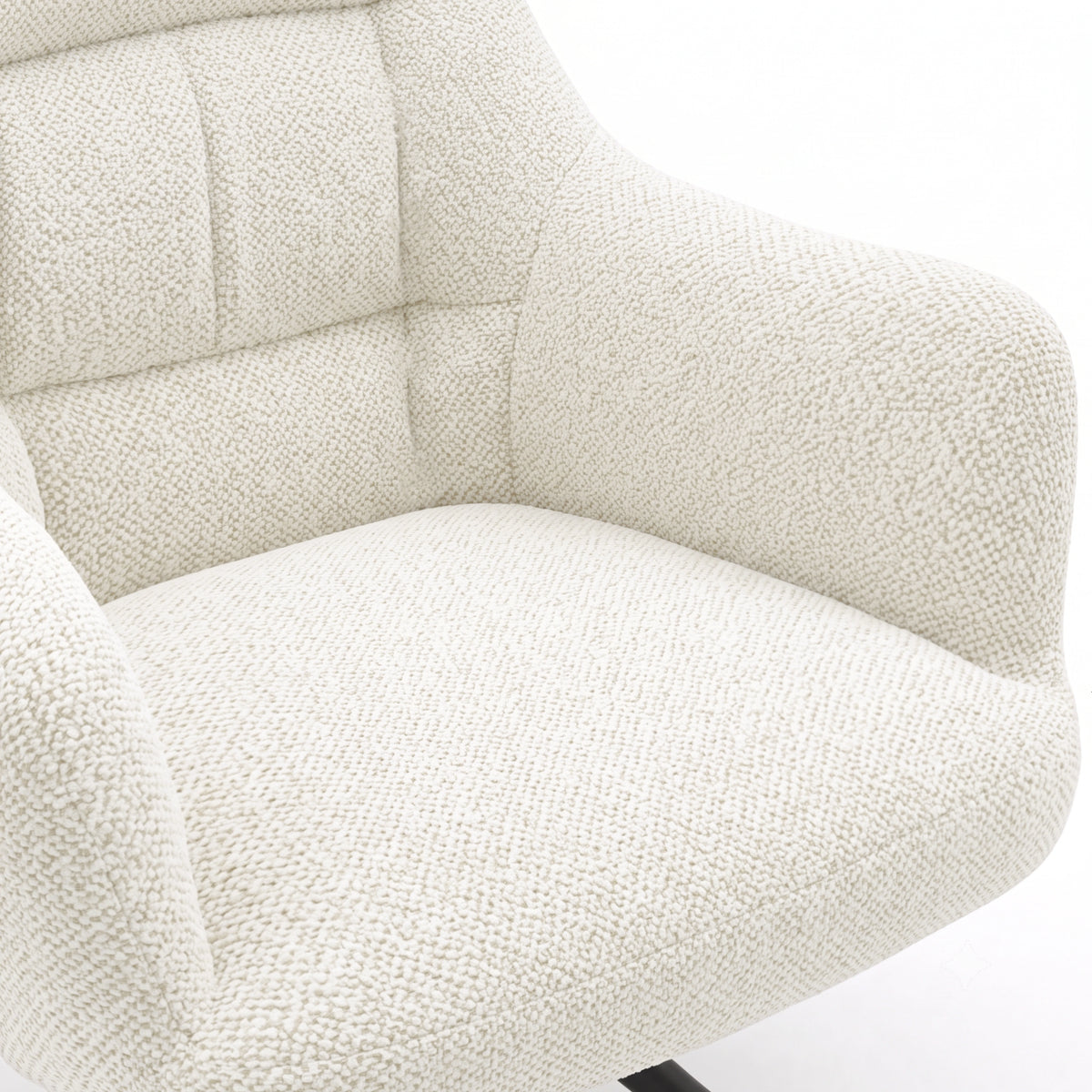 [Cream | Set of 4] Swivel dining chair close-up view of boucle fabric seat, rounded arm and stitched multi-panel padded back.