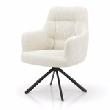 [Cream | Set of 4] Angled view of boucle swivel dining chair with rounded arms, stitched back, deep seat and black metal base