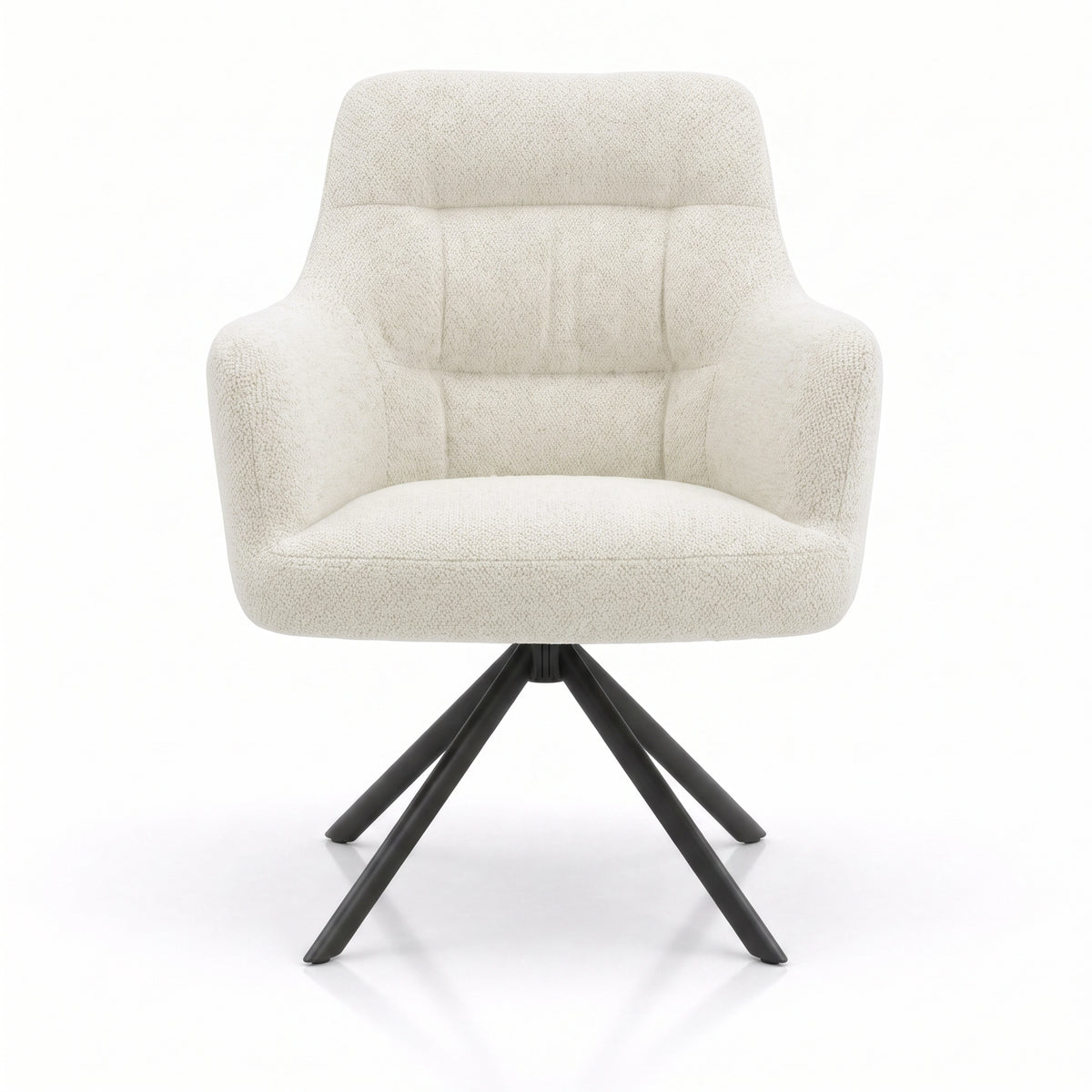 [Cream | Set of 4] Front view of the swivel dining chair with rounded arms, stitched padded back, wide tub seat & black legs.