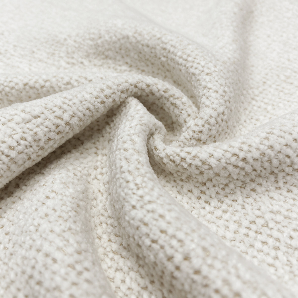 [Cream | Set of 4] Swivel dining chair close-up of soft chenille boucle fabric with dense loops & subtle tonal shading.