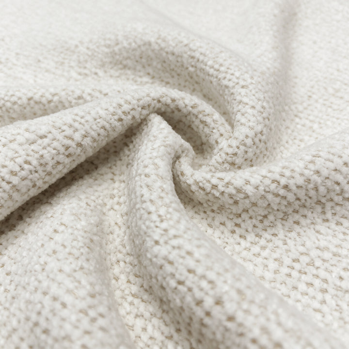 [Cream | Set of 4] Swivel dining chair close-up of soft chenille boucle fabric with dense loops & subtle tonal shading.