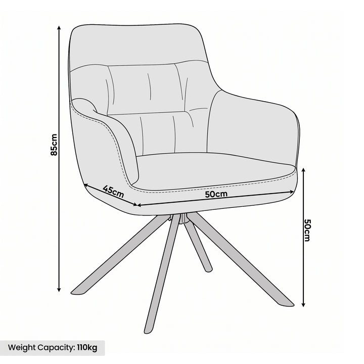 [Cream | Set of 4] Swivel dining chair size guide showing 85cm high, 50cm wide, 45cm deep, 50cm seat height & 110kg capacity.