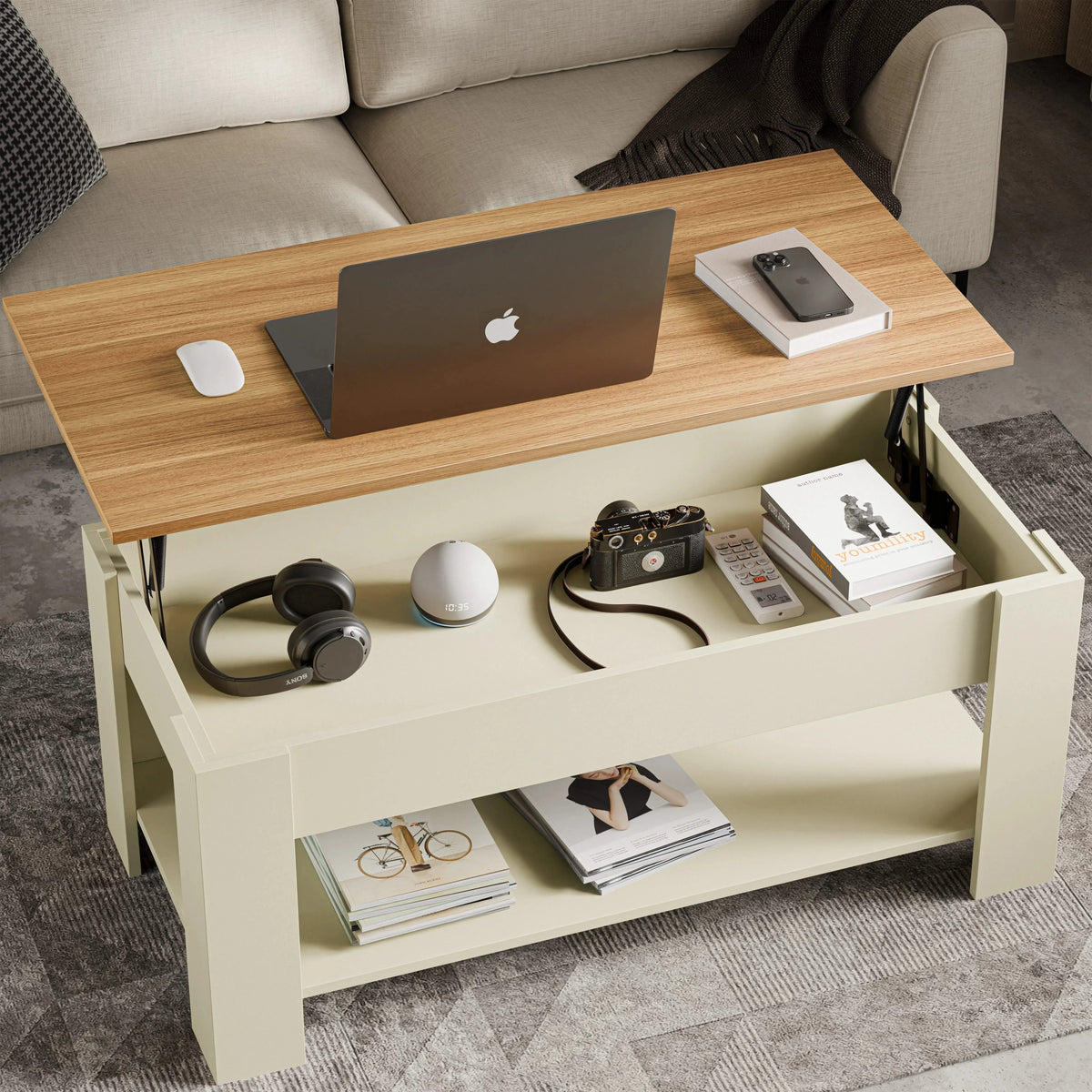 [Cream + Pine] Lift top coffee table raised with laptop on pine top and cream body.