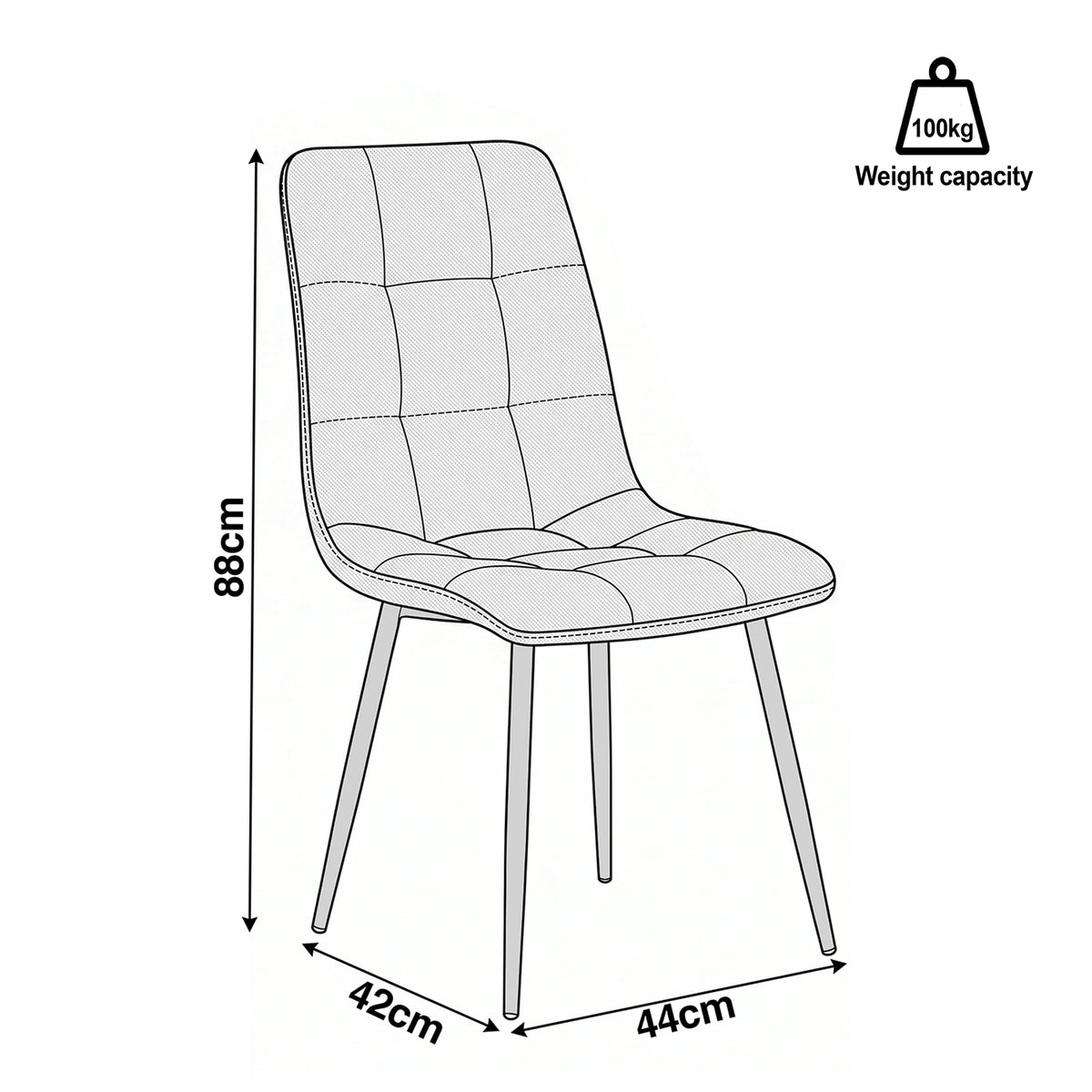 [Cream | Set of 4] Dining chair dimension diagram showing 44 cm width, 42 cm depth, 88 cm height and 100 kg capacity.