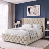 [Double | Beige] A modern upholstered bed with a tufted beige headboard and footboard, styled in a contemporary bedroom with a dark blue paneled wall, matching rug, and bedside tables.