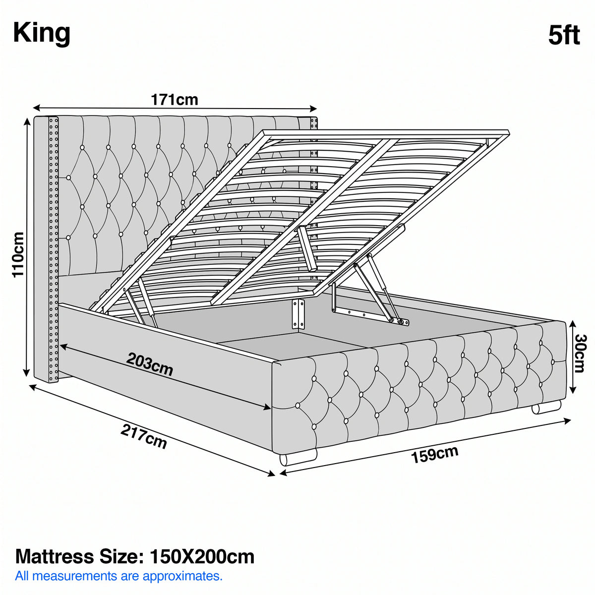 [King | Beige] Cross ottoman bed dimensions, King 171cm wide, 217cm long, 110cm headboard, 30cm footboard