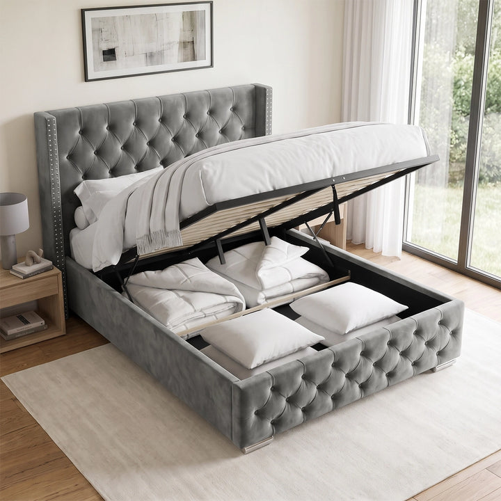 [Double | Grey] Cross ottoman bed open, gas-lift base raised on grey frame exposing slatted platform and storage capacity