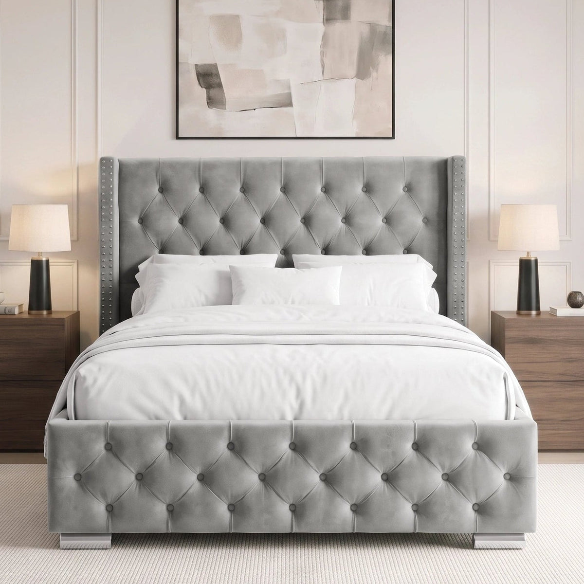 [Double | Light Grey] Cross ottoman bed front view, winged tufted headboard between two bedside tables