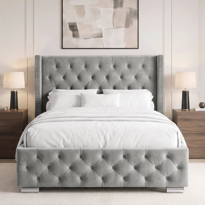 [Double | Light Grey] Cross ottoman bed front view, winged tufted headboard between two bedside tables