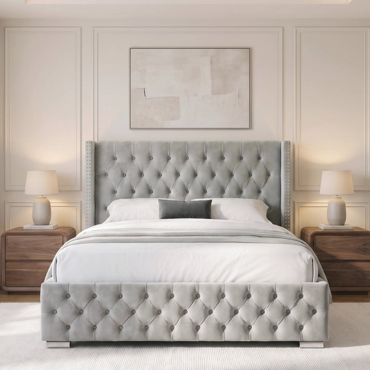 [King | Light Grey] tufted velvet bed frame with a matching headboard and footboard, styled in a modern bedroom with white linens, bedside tables, lamps, and a patterned rug.