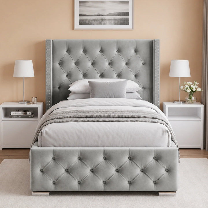 [Single | Light Grey] Symmetrical front shot of Cross ottoman bed single flanked by taupe nightstands and lamps	