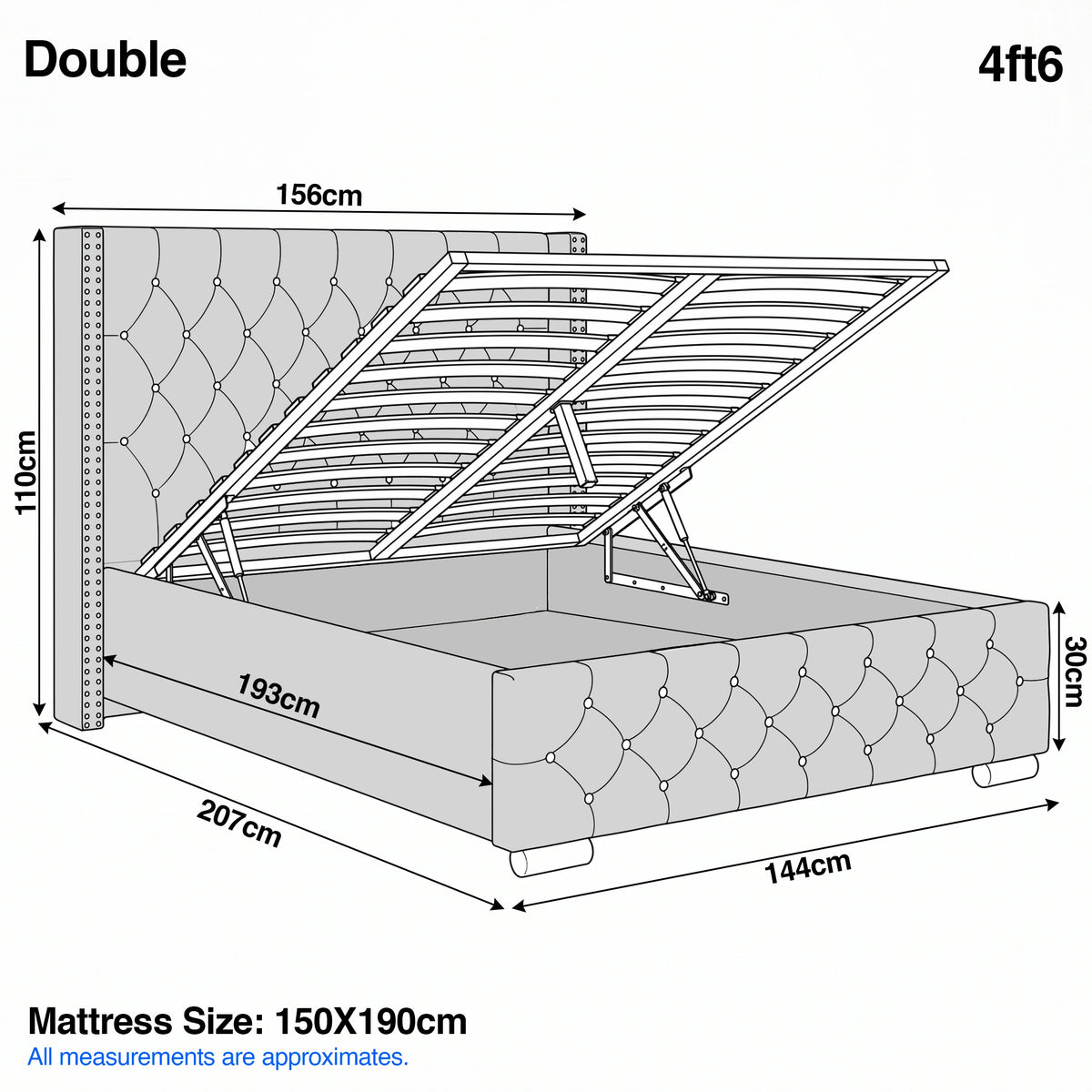 [Double | Grey] Cross ottoman bed dimensions, Double 4ft6 grey frame 156cm wide, 207cm long, 110cm headboard, 30cm base