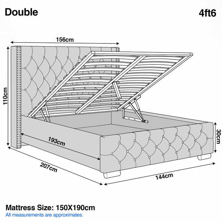 [Double | Grey] Cross ottoman bed dimensions, Double 4ft6 grey frame 156cm wide, 207cm long, 110cm headboard, 30cm base