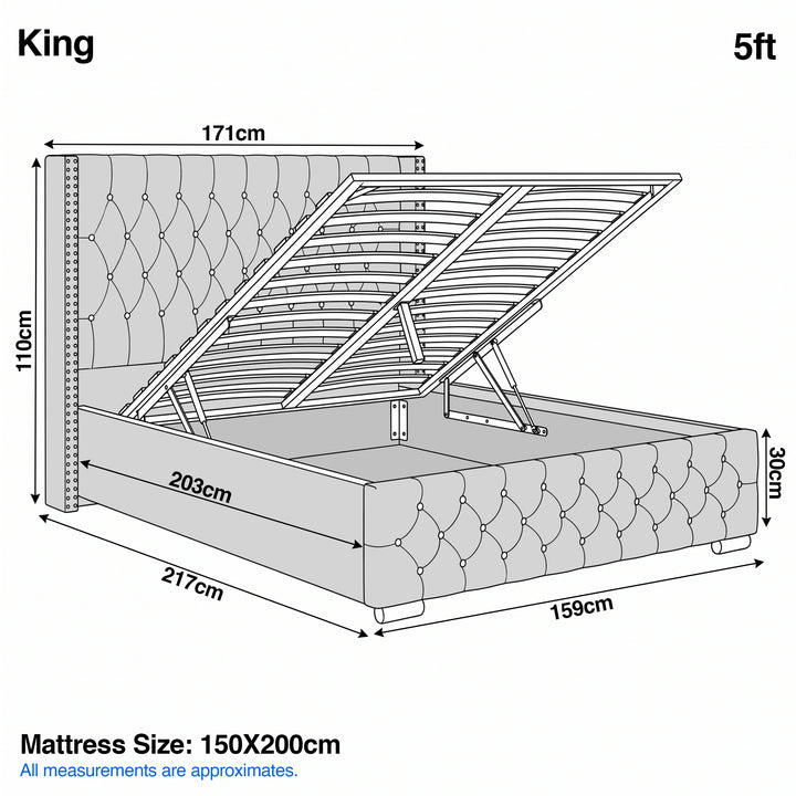 [King | Grey] Cross ottoman bed king diagram: 171cm wide, 217cm long, 110cm headboard, 30cm frame, 5ft