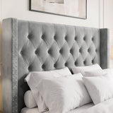 [Double | Light Grey] Cross ottoman bed headboard detail, criss-cross deep buttoned tufting in light grey velvet