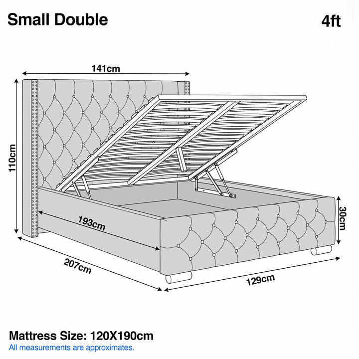 [Small Double | Beige] Cross ottoman bed 4ft Small Double dimensions: 141cm wide, 207cm long, 110cm headboard, 30cm side