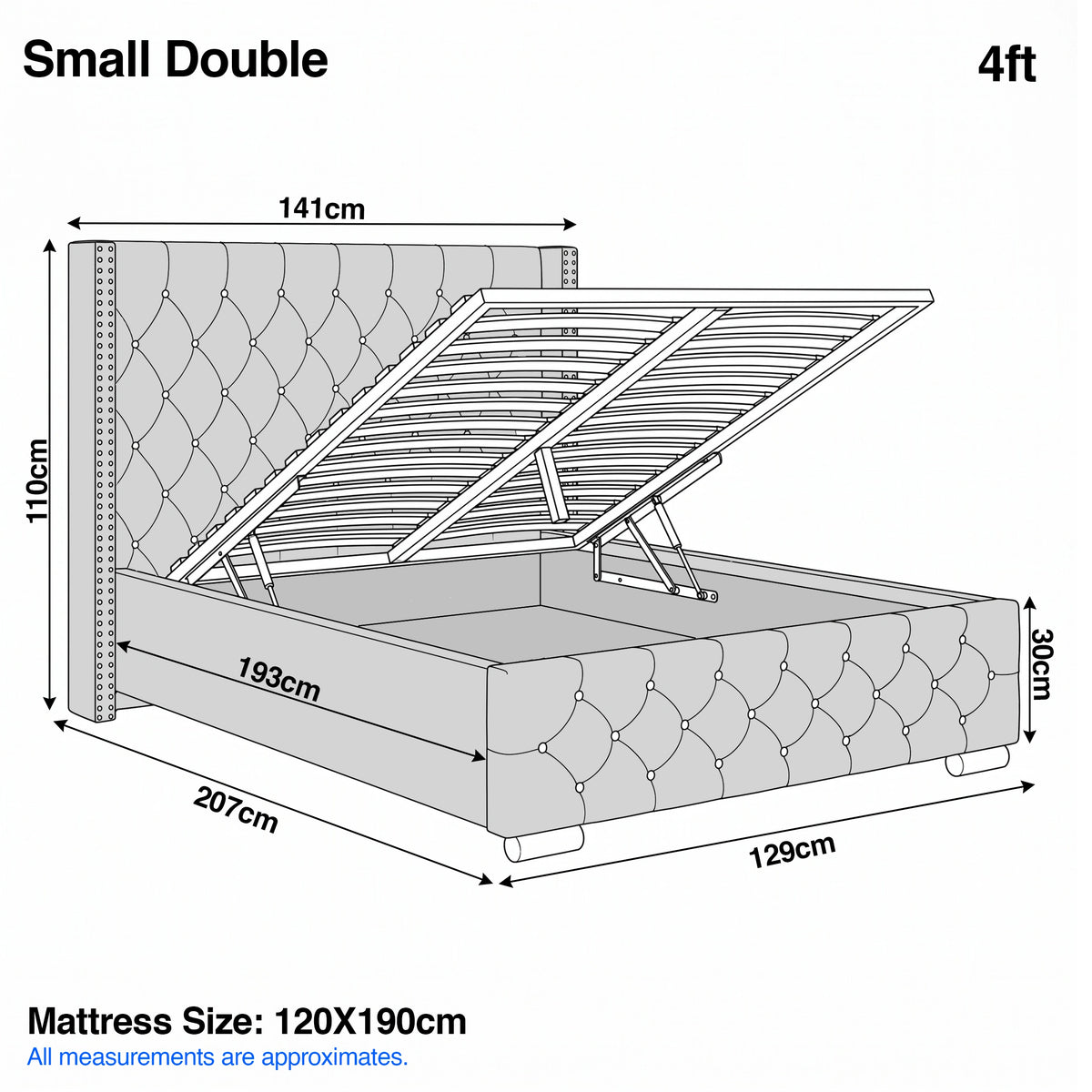 [Small Double | Grey] Cross ottoman bed 4ft: 141cm wide with wings, 207cm long, 110cm headboard, 30cm deep base	