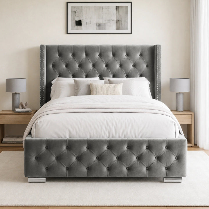 [Double | Grey] Cross ottoman bed front view, grey velvet winged headboard and tufted footboard centred with bedding dressed