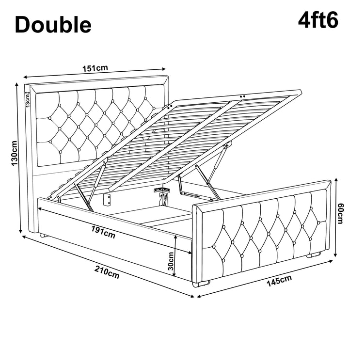 [Double | Beige] Dimensions diagram showing 151cm headboard width and 210cm length with 130cm height