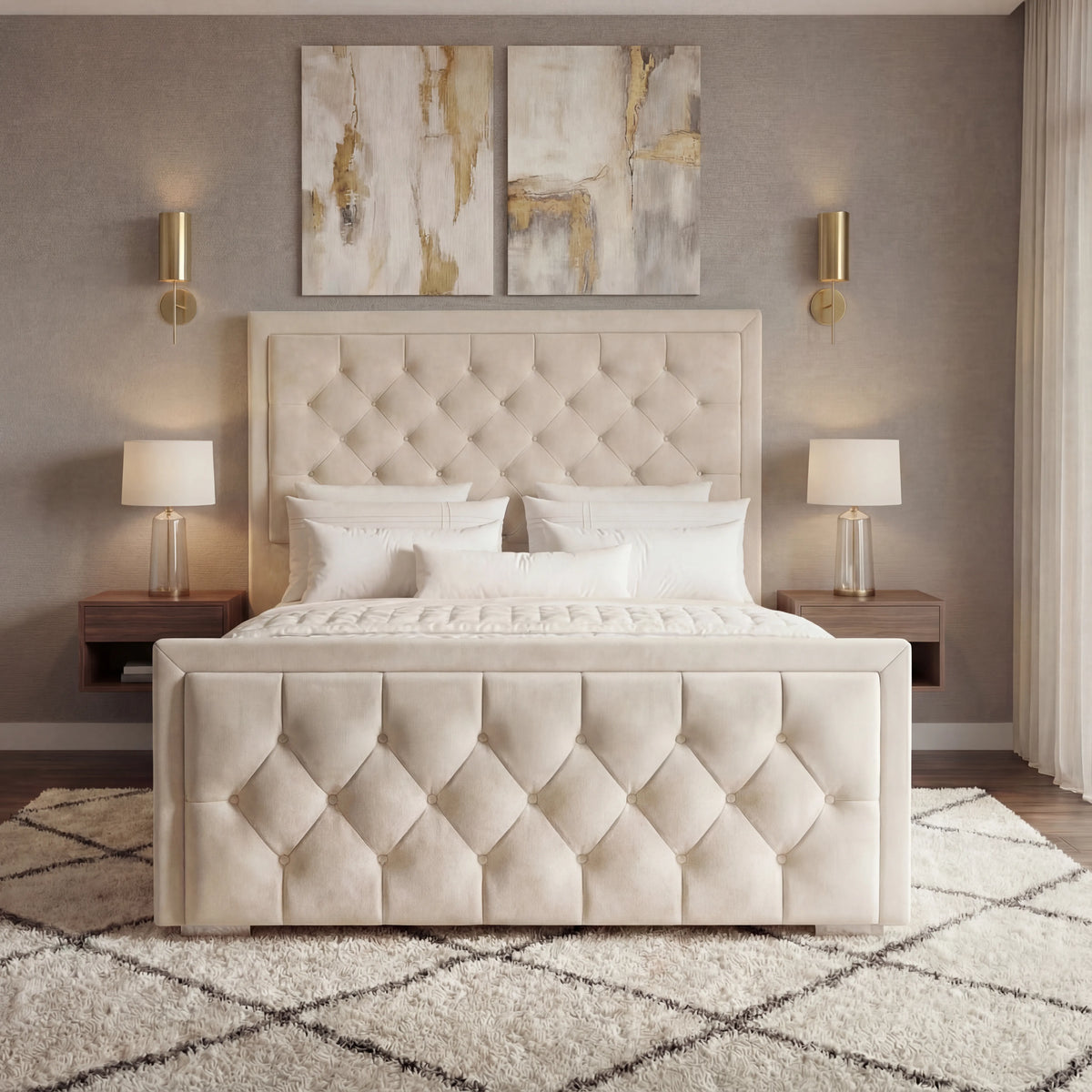 [Double | Beige] Ottoman bed from the front with chesterfield-style puffed panels in classic bedroom setting