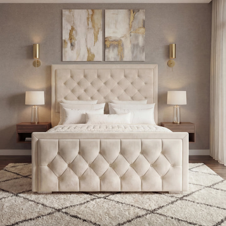 [Double | Beige] Ottoman bed from the front with chesterfield-style puffed panels in classic bedroom setting