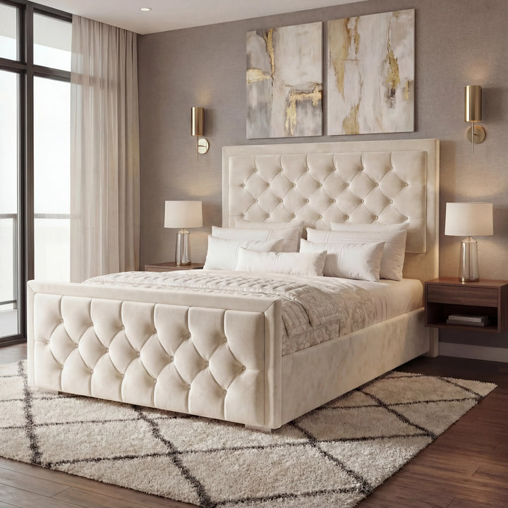 [Double | Beige] Side angle of cross-puffed ottoman bed showing tufted headboard and footboard in styled room