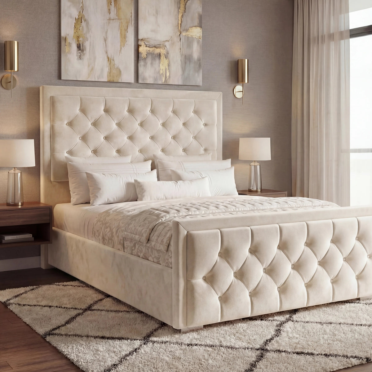 [Double | Beige] Side angle of velvet ottoman bed with deep chesterfield button-tufted headboard and matching footboard