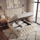[Double | Beige] Ottoman bed lifted open showing deep gas-lift storage with folded linens and pillows inside