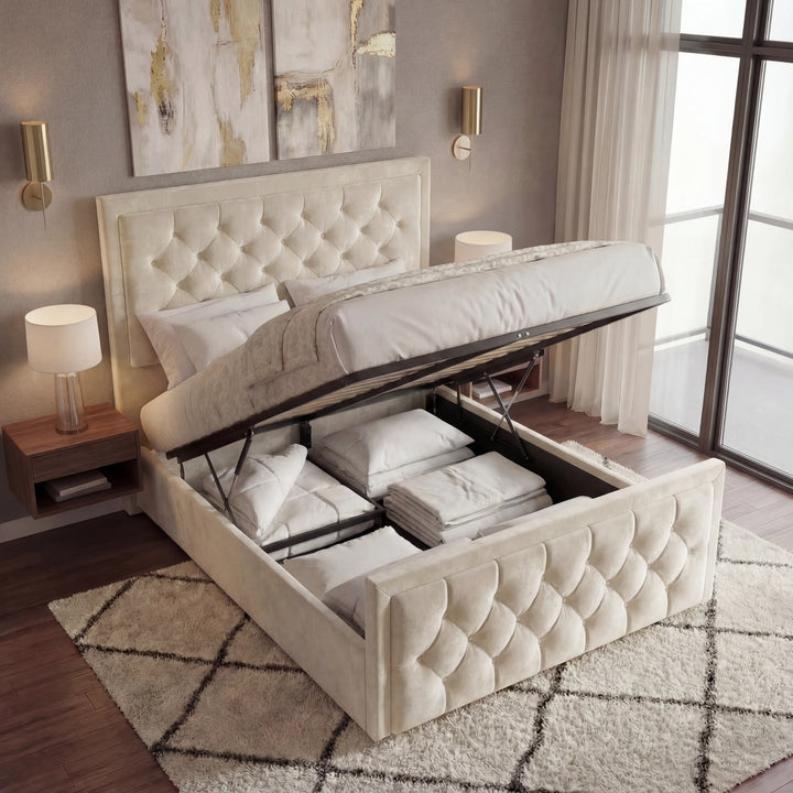 [Double | Beige] Ottoman bed lifted open showing deep gas-lift storage with folded linens and pillows inside